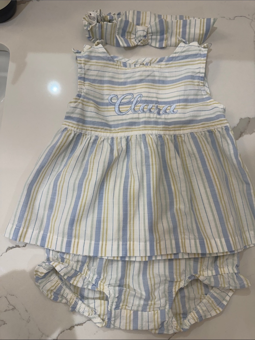Carter’s Blue/Yellow/White/Sage Dress/Bloomer/Headband Set Monogrammed ‘Clara’
